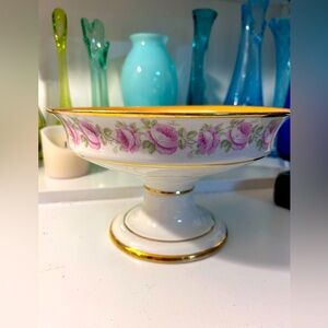 Elegant Floral Pedestal Bowl with Gold Trim